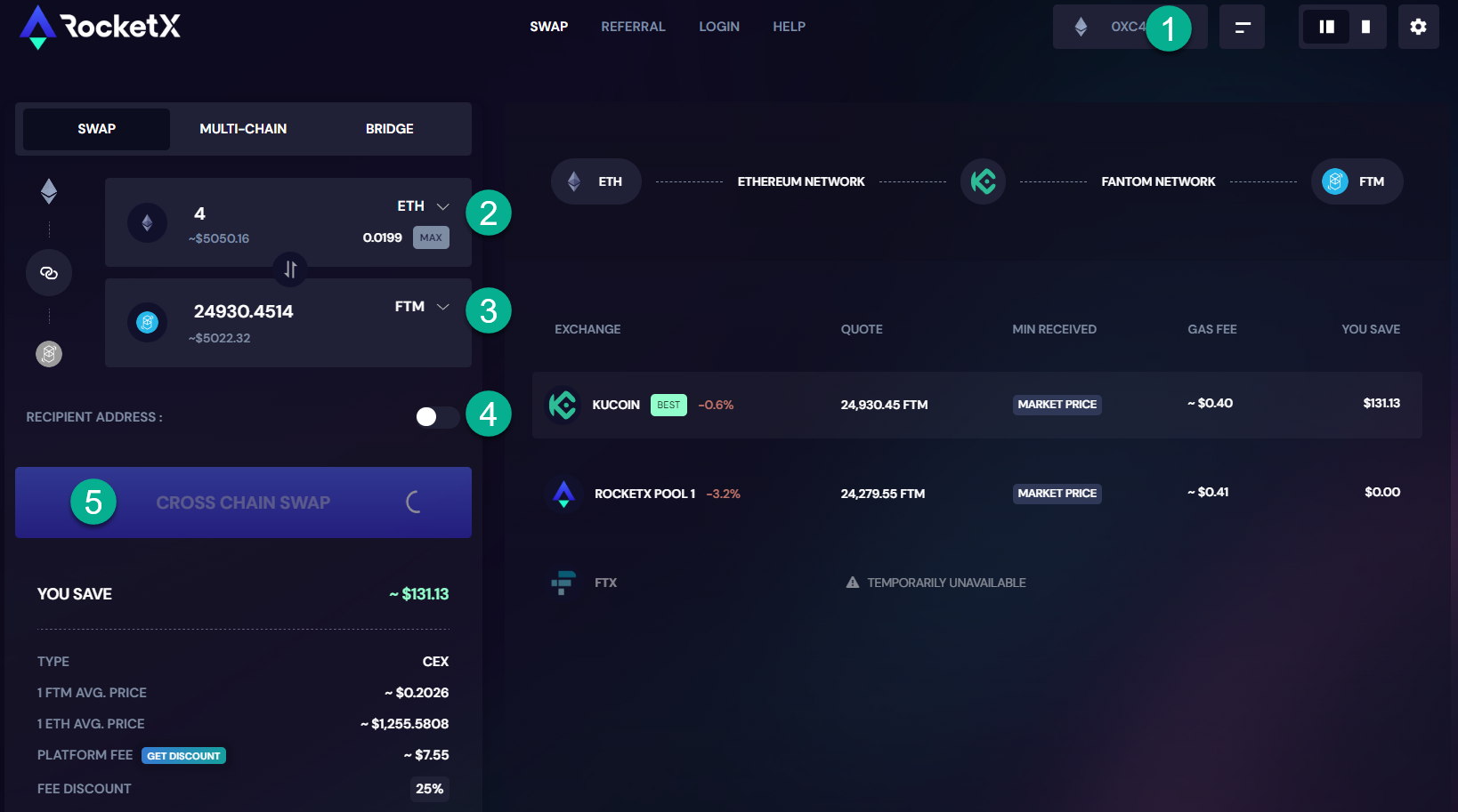 This image shows the steps to easily convert ETH to FTM at lowest fees straight from your decentralized wallet like metamask, trustwallet etc