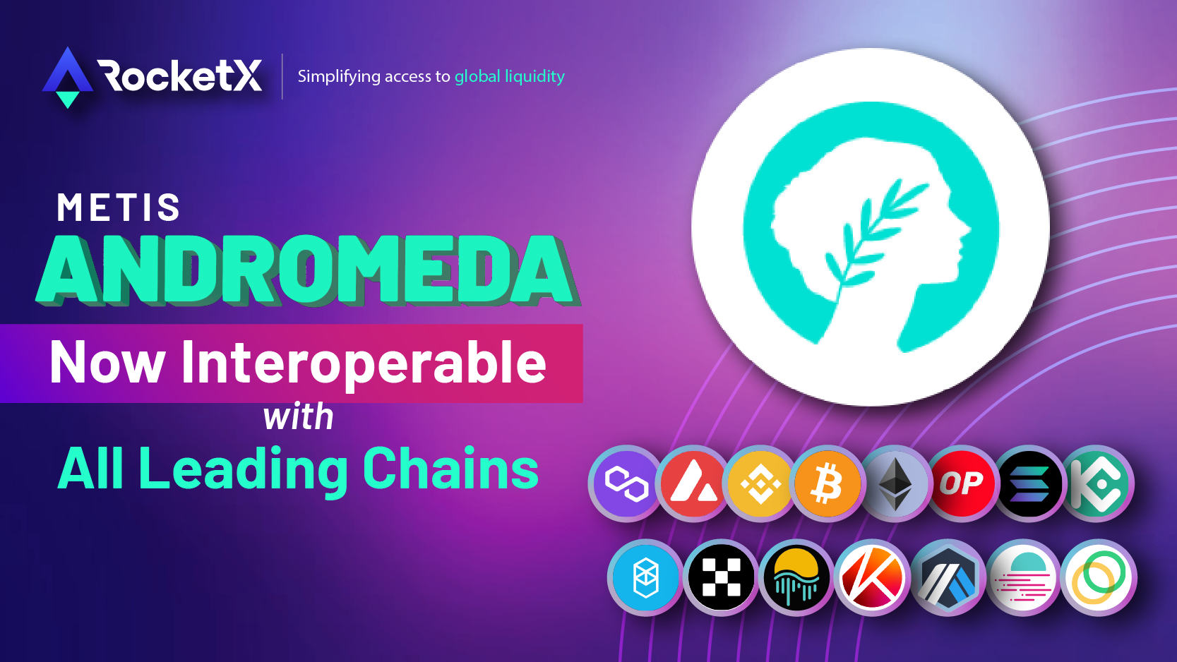 Metis Andromeda Network, making it interoperable with Bitcoin, Ethereum, BNB Chain, Polygon Matic, and 16 other leading blockchains, via RocketX.<br />
With 1-click cross-chain swaps, you can easily move between Metis Andromeda, Bitcoin, Ethereum, and more!