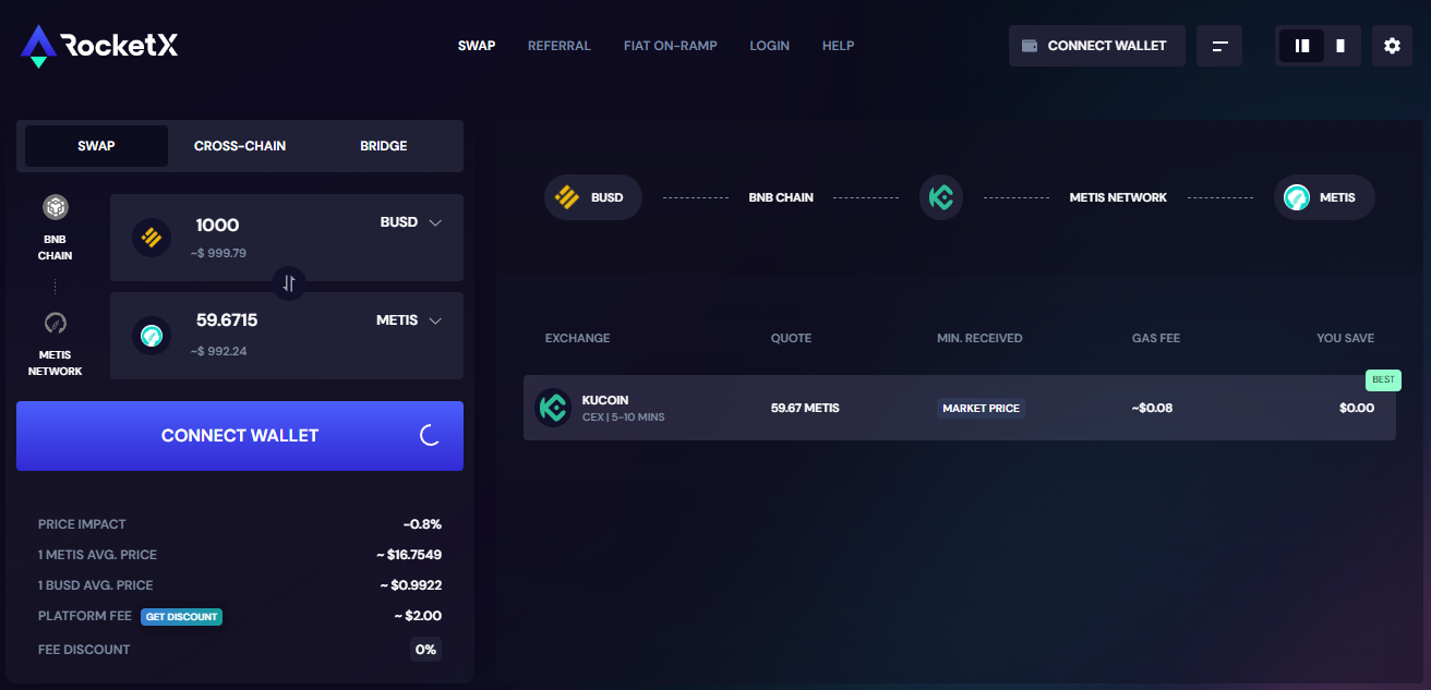 Cross-Chain Swap BUSD (BEP20) to buy METIS in 1-Click via RocketX exchange in decentralized manner.
