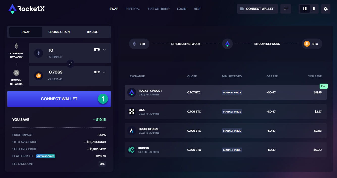 Navigate to RocketX platform and click on the 'Connect Wallet' button.
