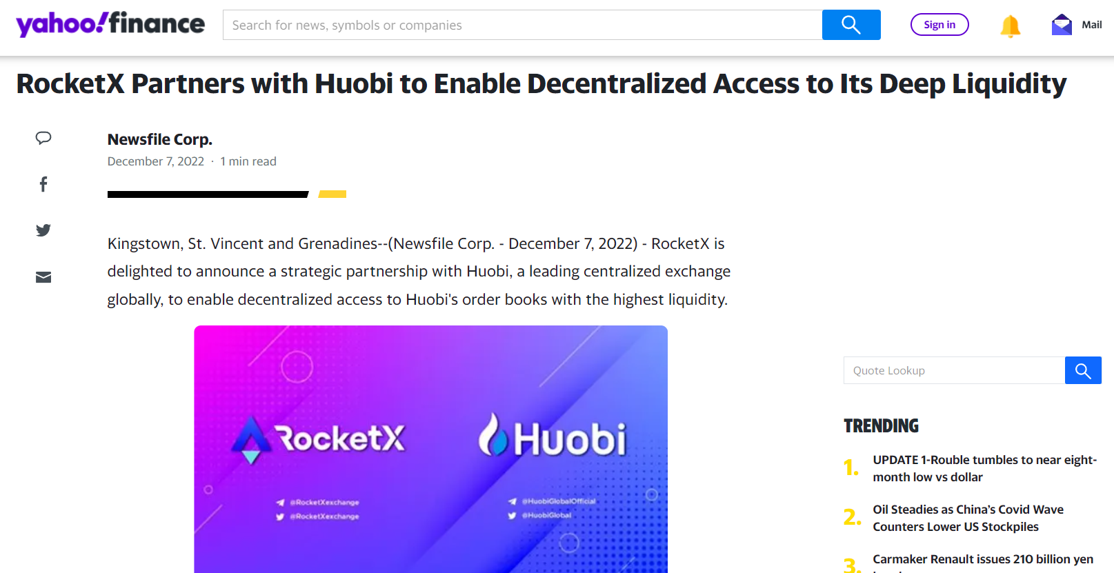 RocketX Partners with Huobi to Enable Decentralized Access to Its Deep Liquidity