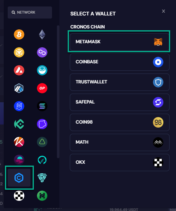 Navigate to App.RocketX.exchange<br />
Click on the 'Connect Wallet' button. In the pop-up screen, select Cronos Chain