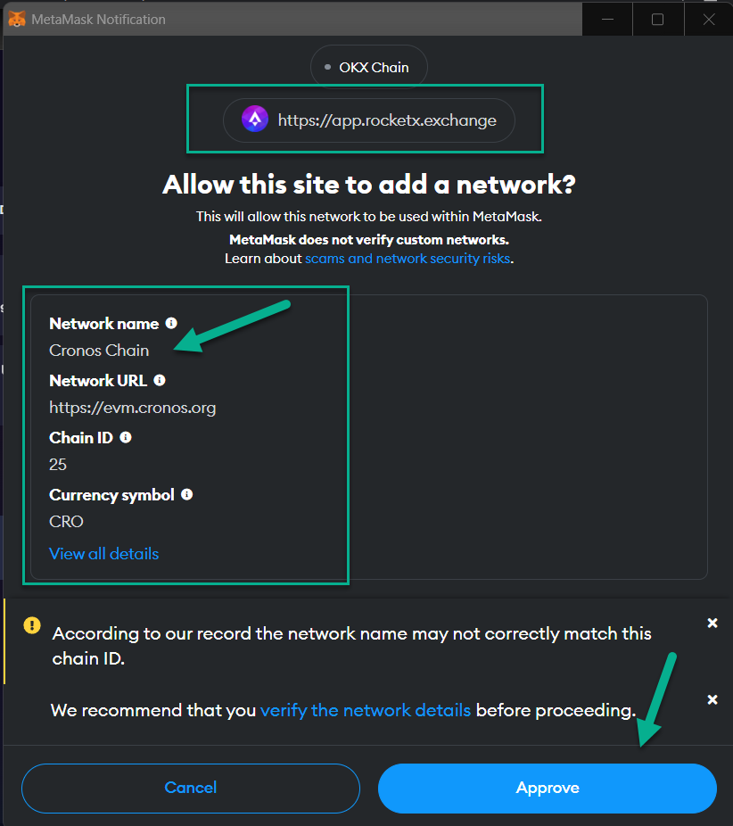 In the MetaMask pop-up screen, click on the Approve button so that the Cronos Network could be added to your MetaMask wallet.