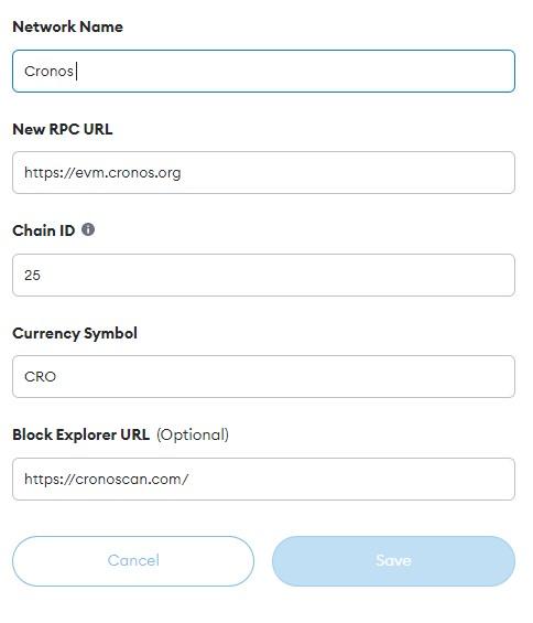 Cronos Chain RPC URL, Chain ID etc to add to MetaMask wallet.