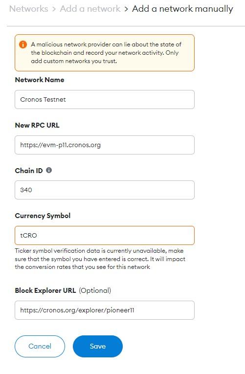 Steps to add Cronos Testnet to MetaMask