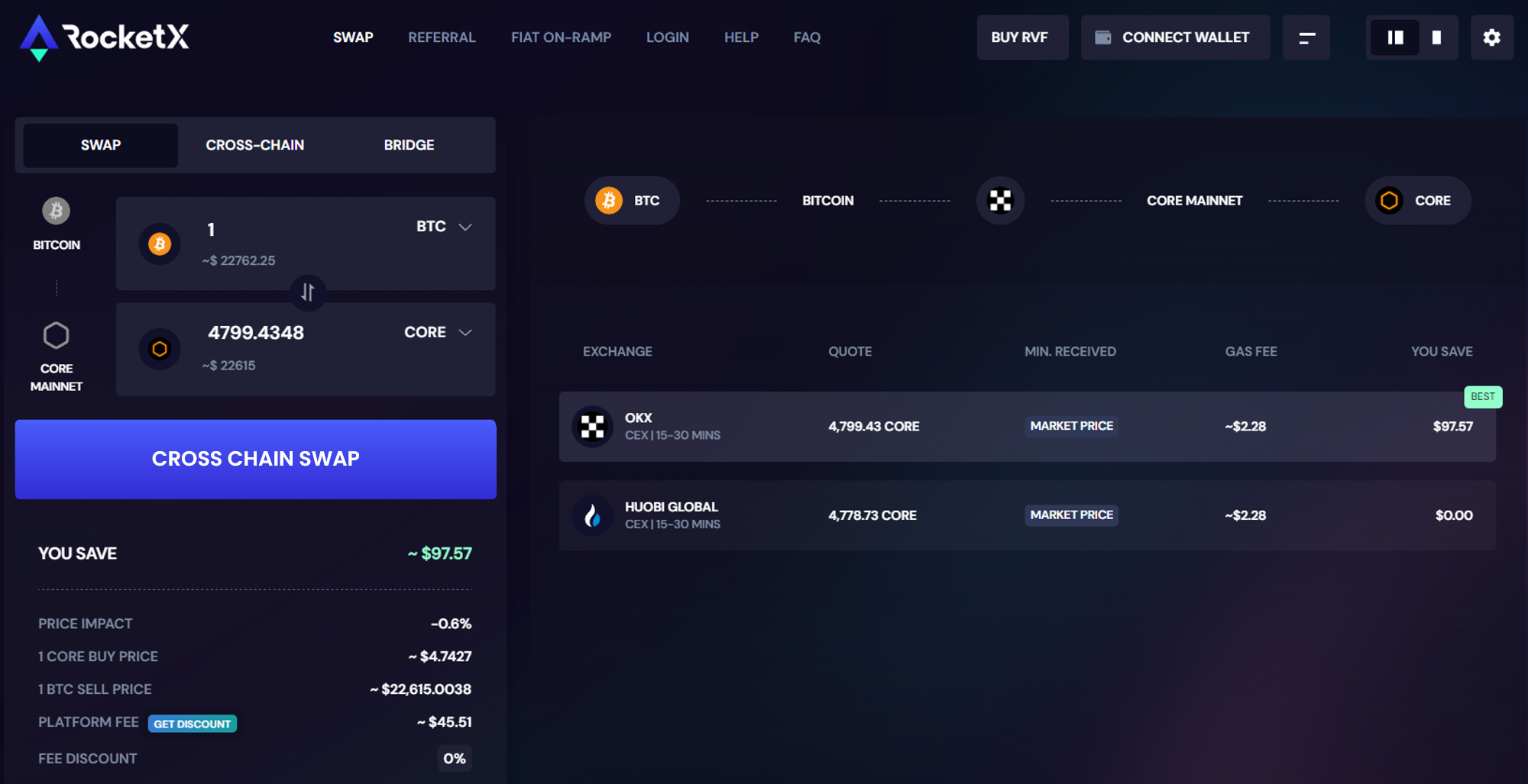 1-Click BTC to CORE Swap Bitcoin BTC to Core DAO mainnet CORE