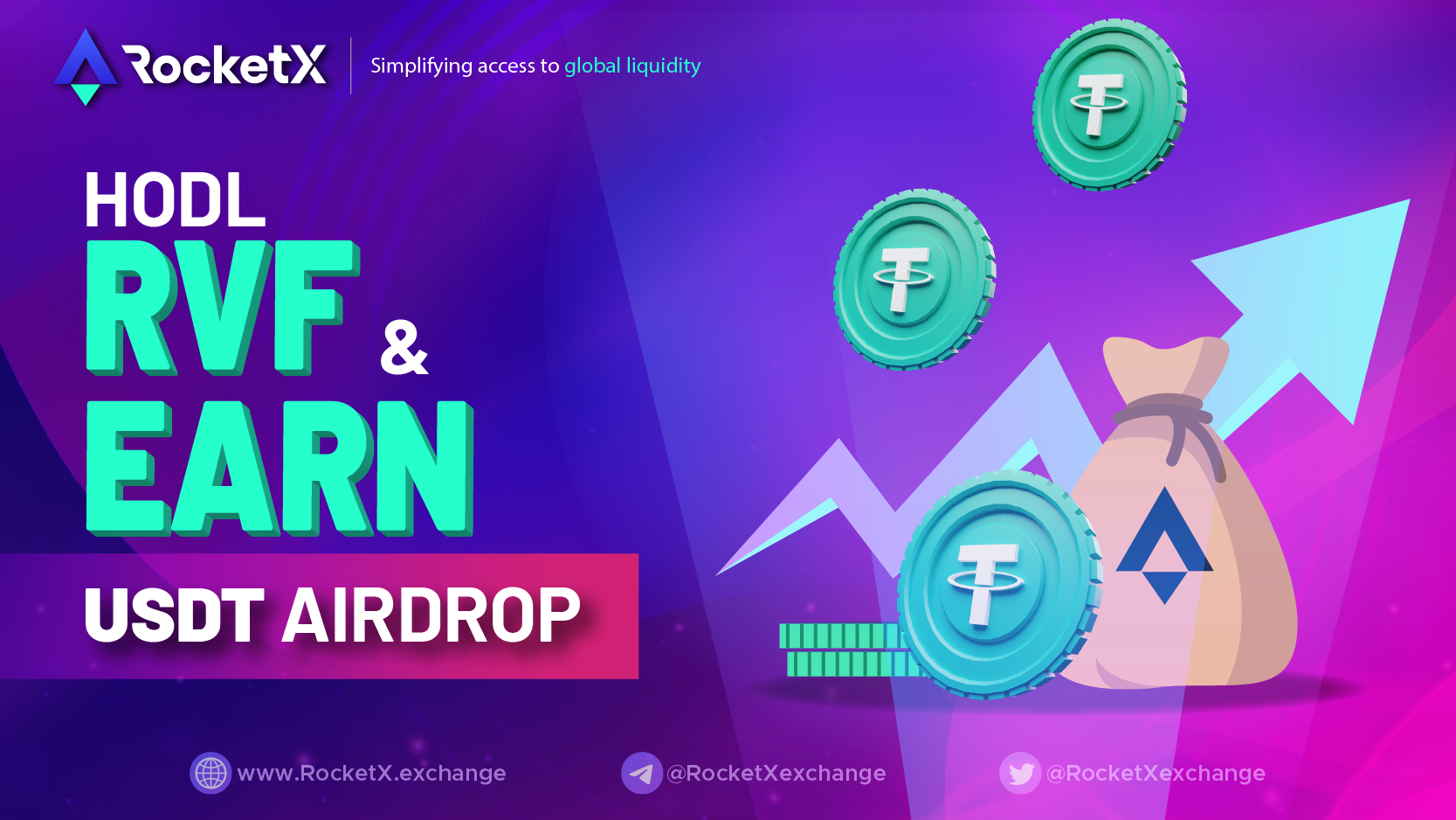HODL RVF to earn USDT airdrop HODL RVF crypto tokens of RocketX Exchange, to earn USDT airdrop and more
