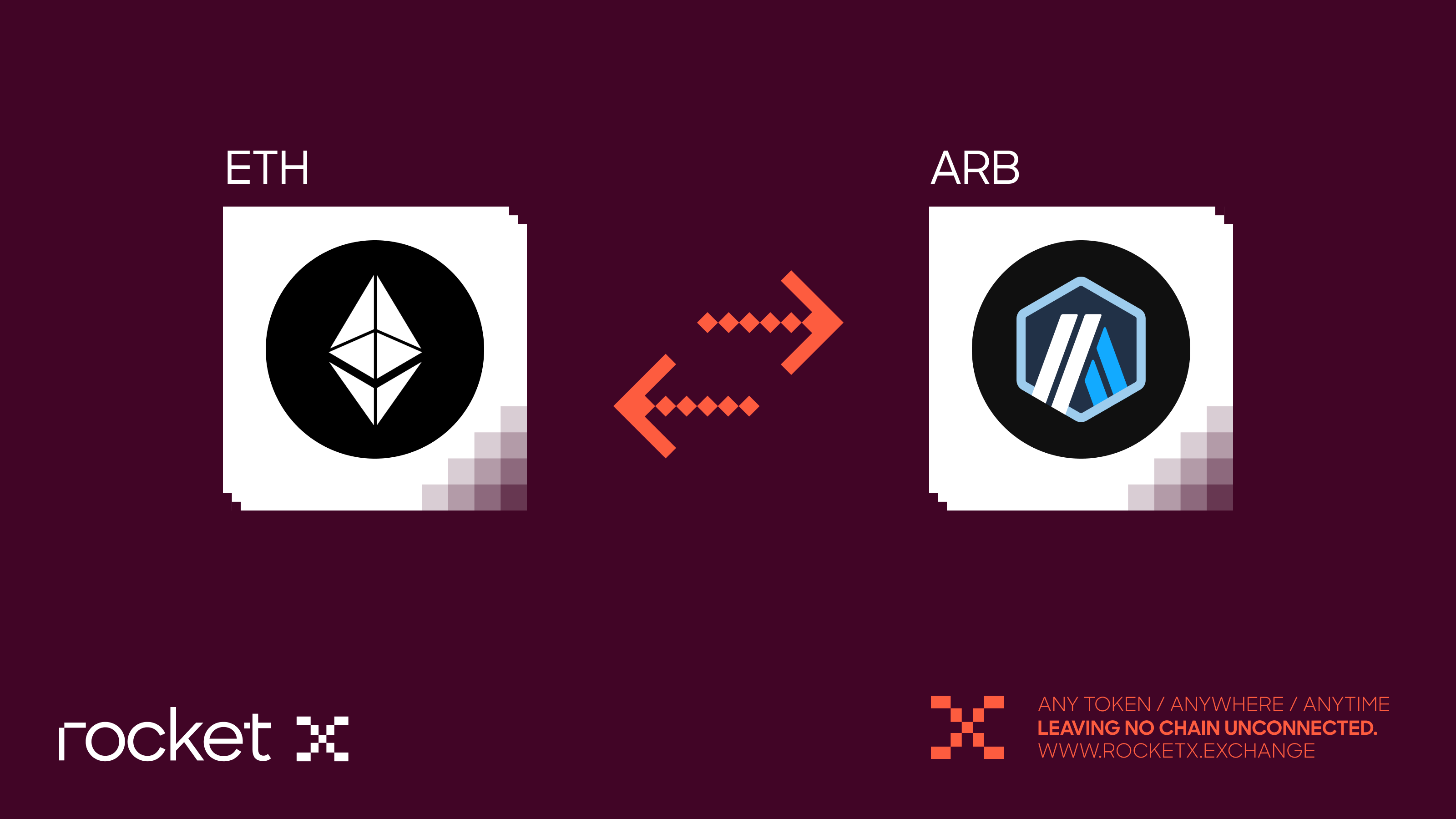Illustration showing Ethereum (ETH) Bridging to Arbitrum (ARB) using RocketX Exchange with cross-chain arrows.
