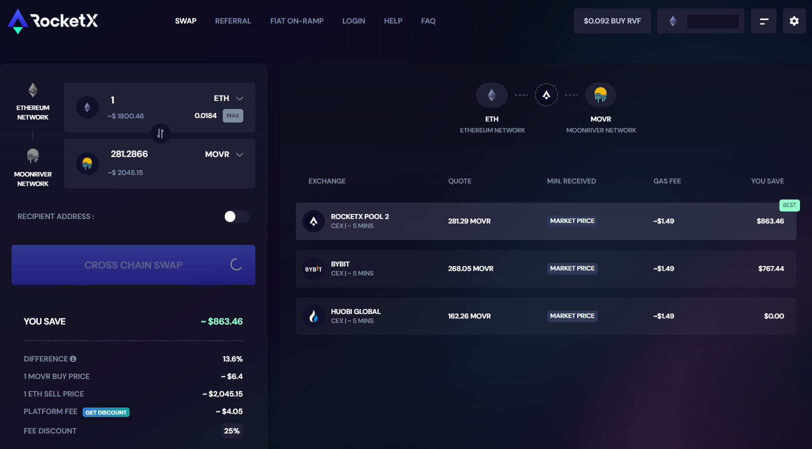 Deep liquidity of CEXs for ETH to MOVR swap on RocketX