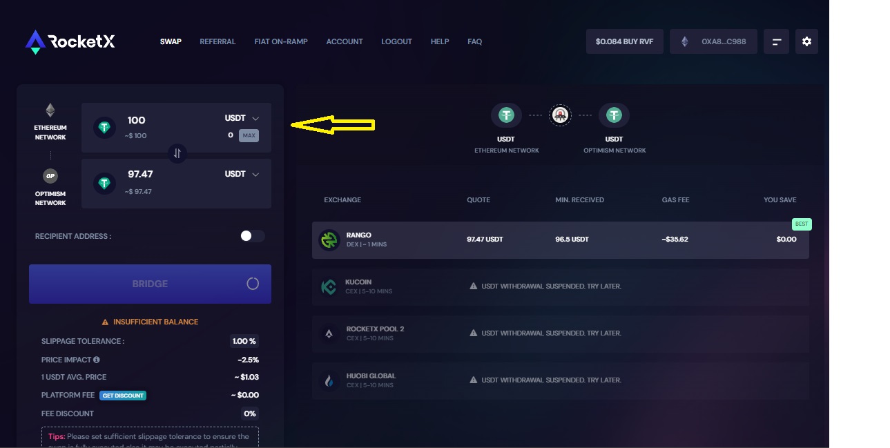 Select Ethereum Network and USDT Token