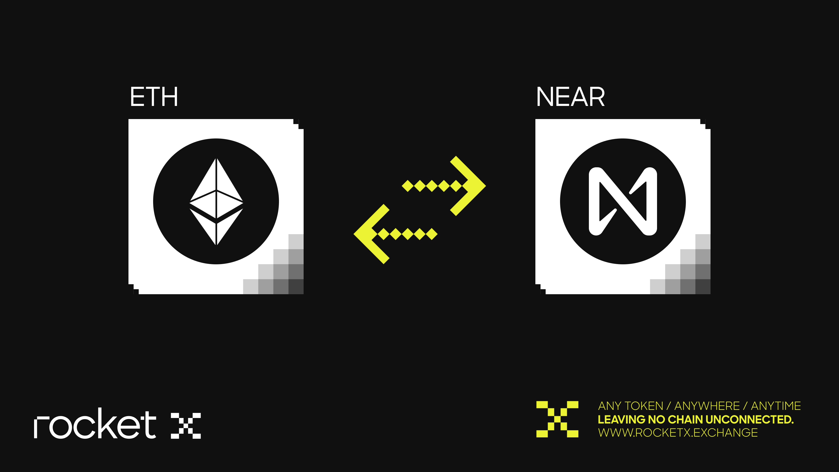 Graphic showing Ethereum (ETH) and NEAR Protocol connected with bidirectional swap arrows, along with RocketX branding, illustrating cross-chain swapping between the two networks.