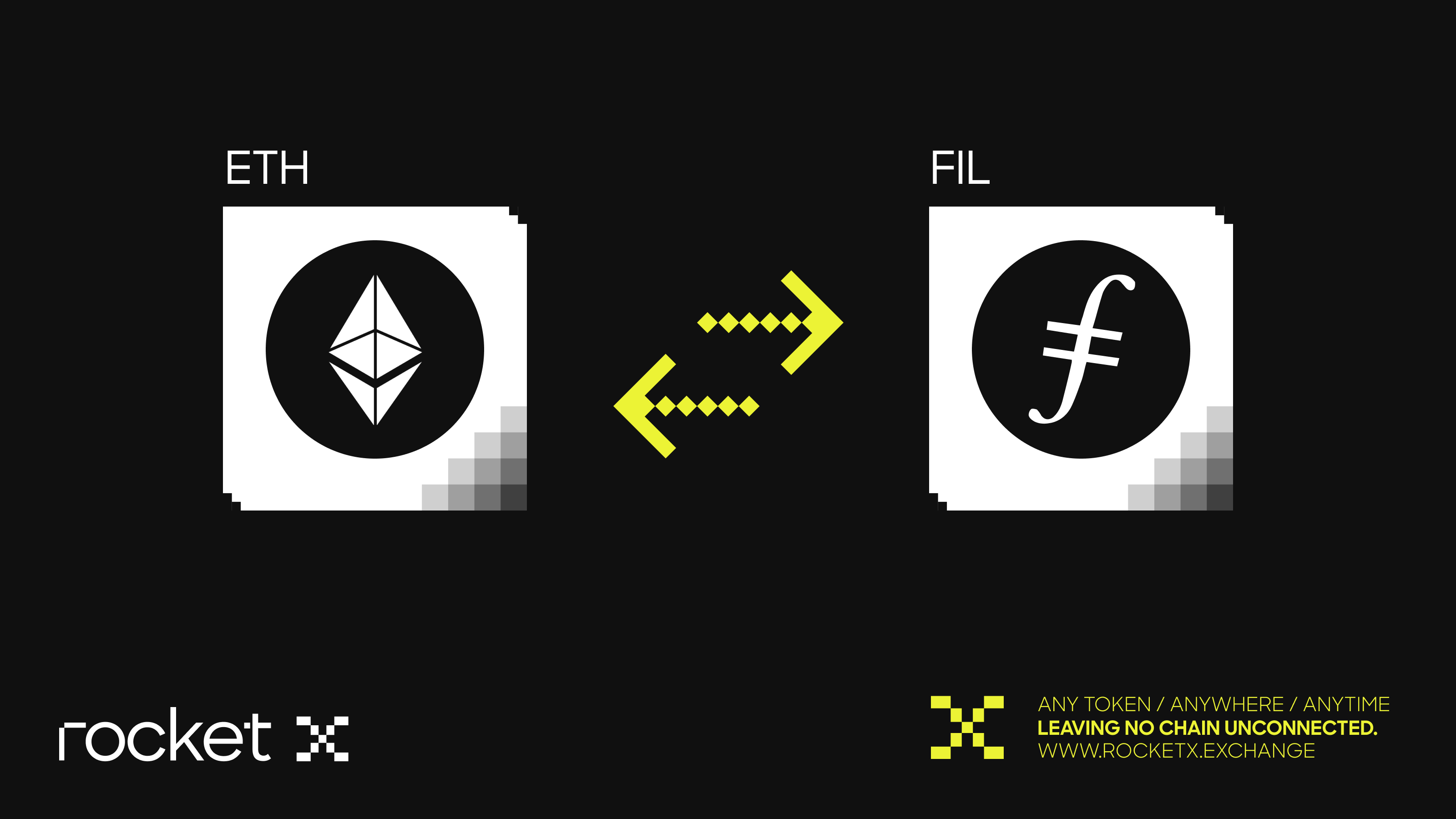 Visual graphic showing Ethereum to Filecoin token swap arrows using RocketX Exchange cross chain bridge.