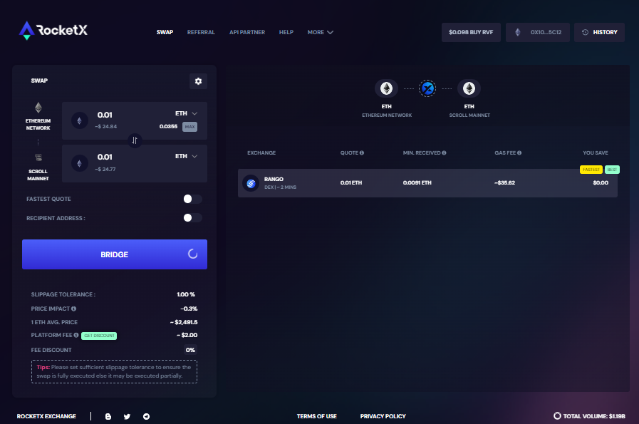 Ethereum to Scroll Mainnet Bridge on RocketX Exchange RocketX Exchange interface showing the process of bridging Ethereum (ETH) from the Ethereum network to the Scroll Mainnet.