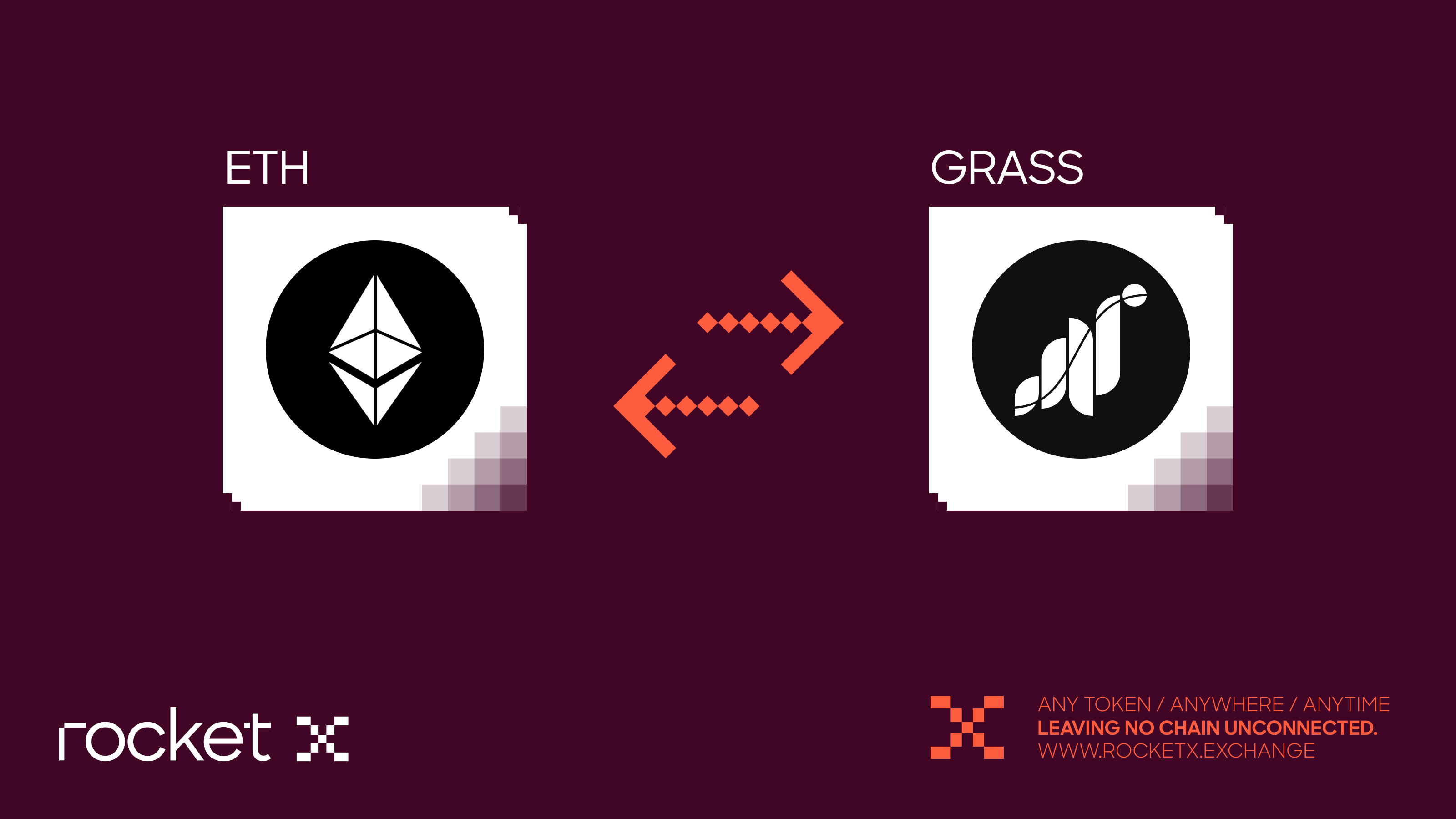 ETH to GRASS Cross-Chain Swap via RocketX Ethereum (ETH) token being swapped for GRASS Network token on Solana network using RocketX Exchange, with cross-chain arrows and RocketX branding.