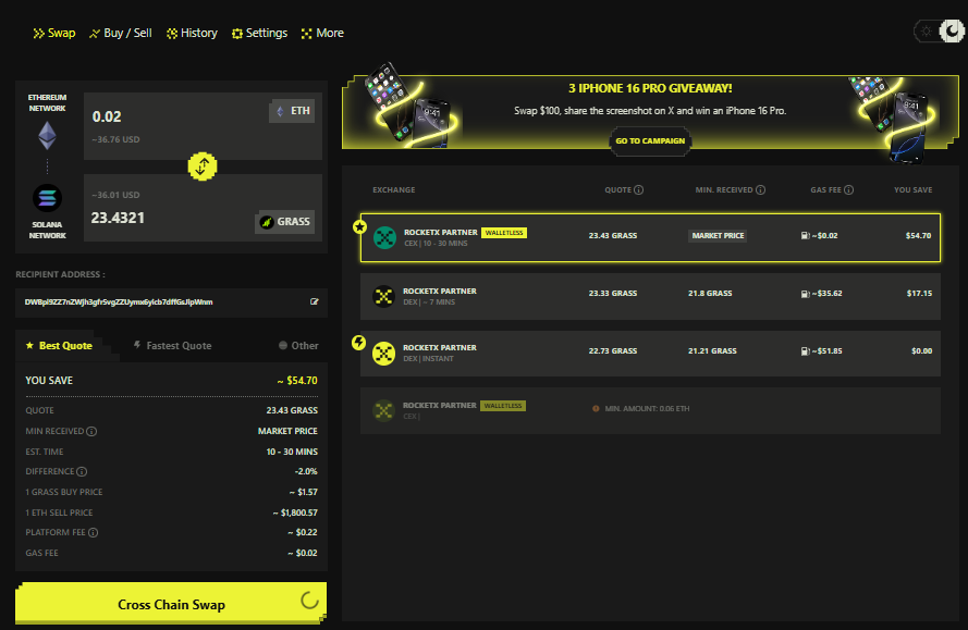 ETH to GRASS Token Swap on RocketX Exchange RocketX Exchange interface showing a cross-chain swap from Ethereum (ETH) to GRASS token on the Solana-based Grass Network, highlighting the best quote of 23.43 GRASS for 0.02 ETH.