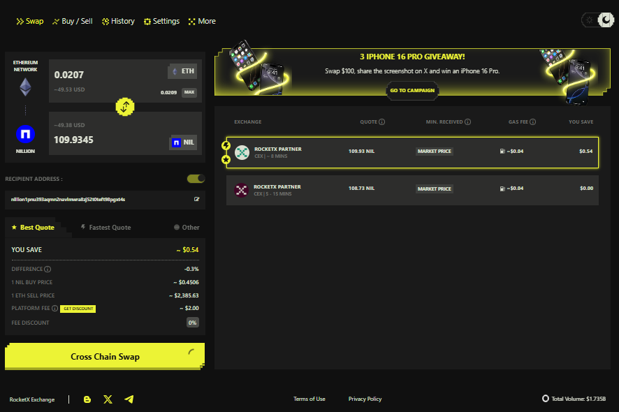 Best ETH to NIL Cross-Chain Swap on RocketX Exchange Screenshot of RocketX Exchange interface showing a cross-chain swap from Ethereum (ETH) to NIL token on the Nillion Network with best quote selection, real-time pricing, and gas fee details.</p>
<p>