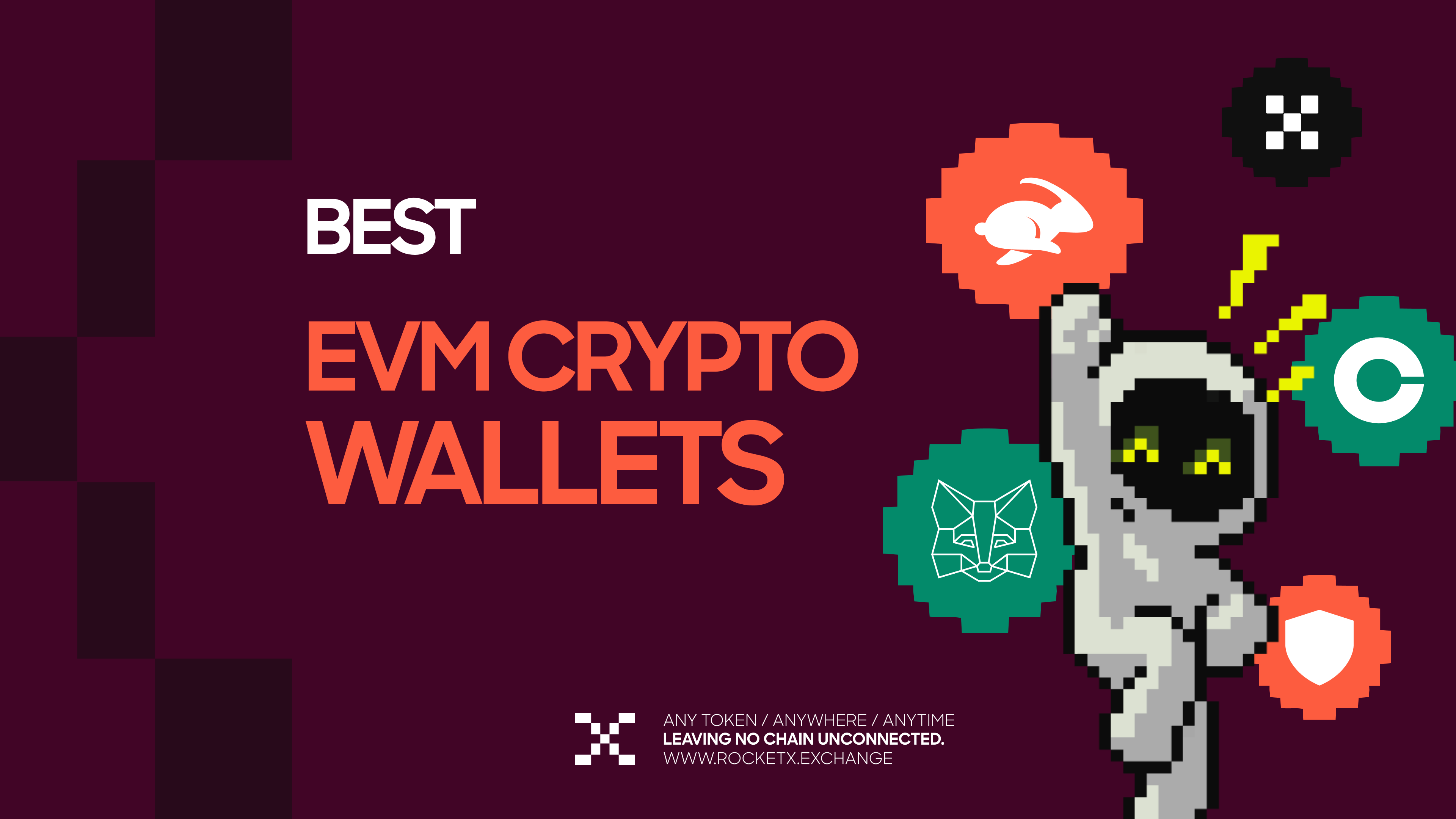 Best EVM Crypto Wallets – RocketX A RocketX-themed graphic featuring the title “Best EVM Crypto Wallets” with icons of MetaMask, Rabby, Coinbase Wallet, Trust Wallet, and OKX Wallet, along with a pixel-style robot character.