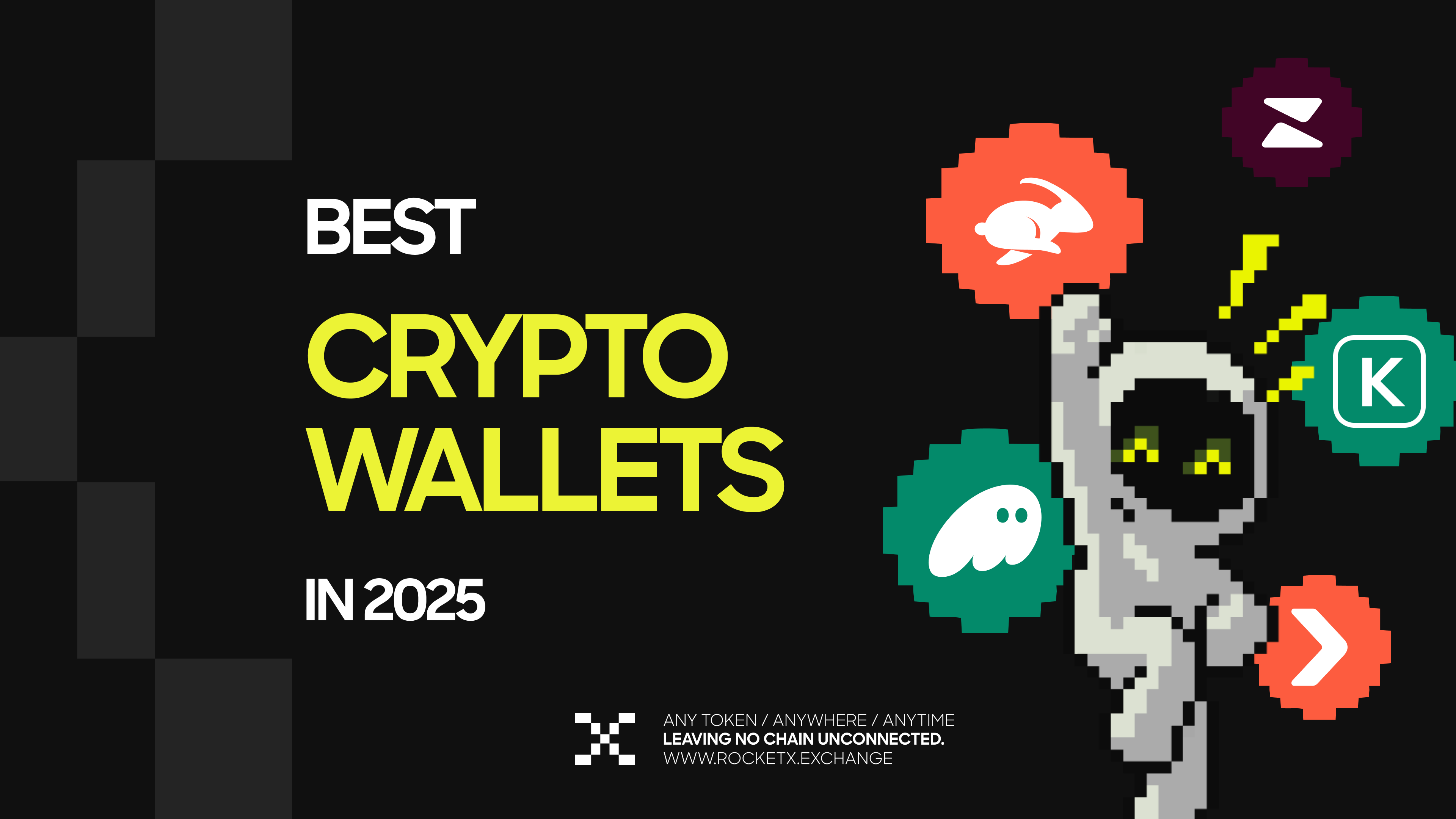 Best Crypto Wallets in 2025 Pixel art astronaut celebrating with icons of top crypto wallets like Phantom, Rabby, and Kepler around it, with the text "Best Crypto Wallets in 2025" and RocketX branding.
