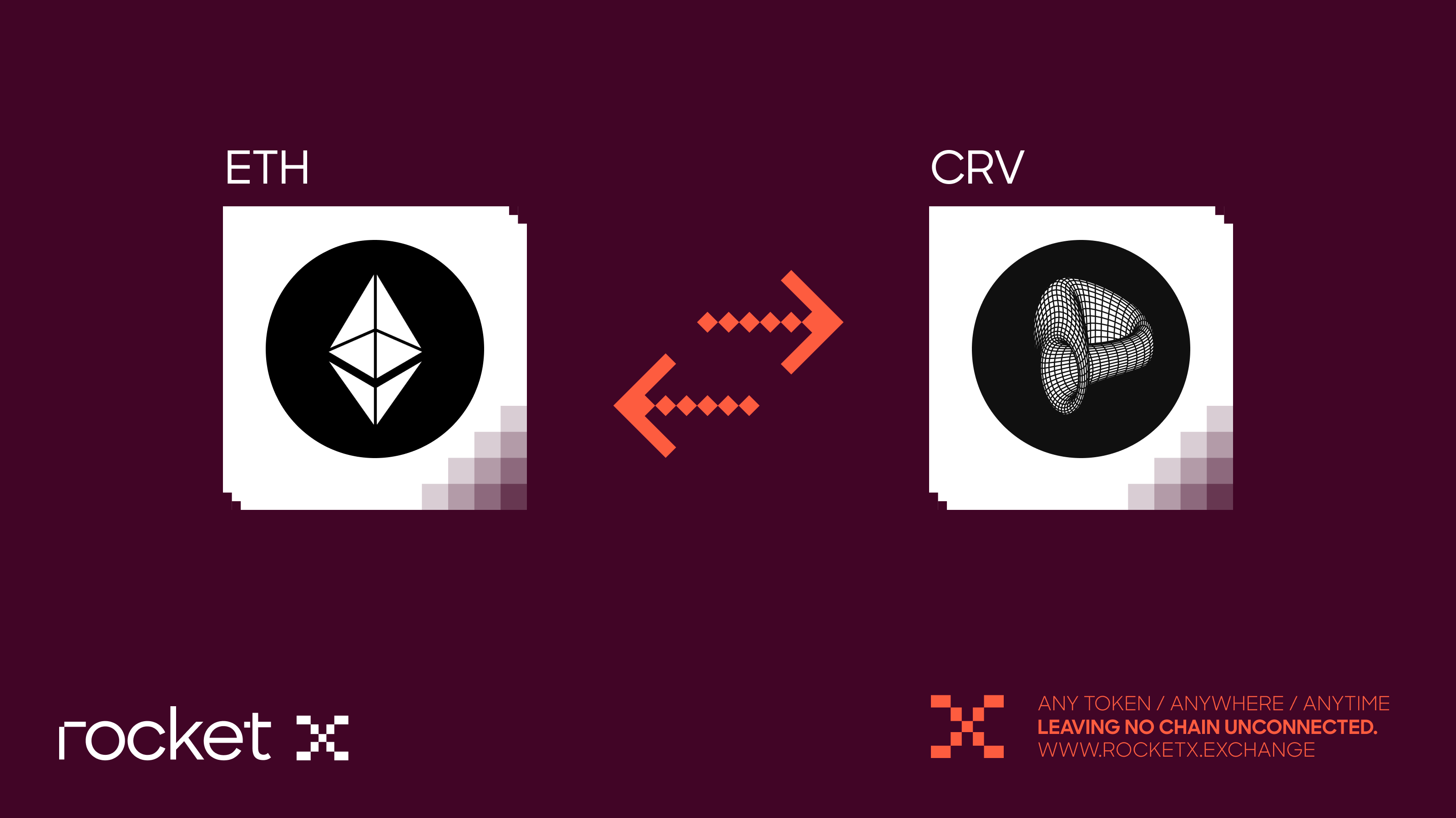 Swap ETH to CRV Token via RocketX Exchange Visual showing Ethereum (ETH) being swapped for CRV Token using RocketX Exchange, with bidirectional arrows indicating a cross-chain crypto swap.