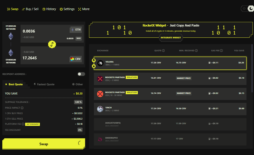 RocketX CRV Swap Interface with Best Quote Comparison Screenshot of RocketX Exchange showing the swap interface for converting ETH to Curve Finance token (CRV), highlighting quote comparison across multiple DEXs and CEXs for best rate selection.