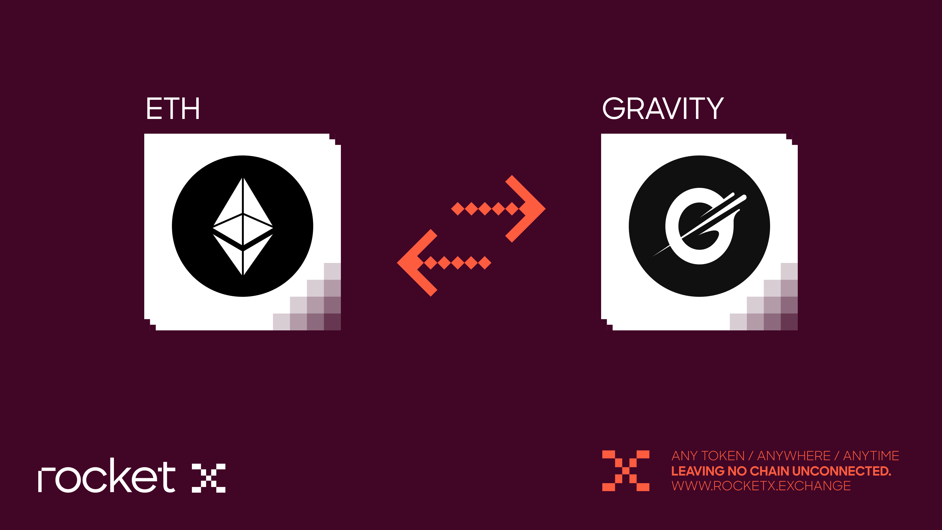 Bridge ETH to Gravity Chain – RocketX Visual Illustration showing Ethereum (ETH) bridging to Gravity Chain (G token) using RocketX Exchange.