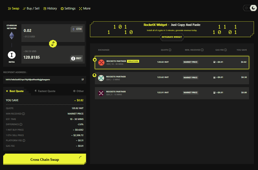 ETH to INIT Swap on RocketX Interface RocketX Exchange interface showing a cross-chain swap from Ethereum (ETH) to Initia (INIT) with best quote selection and transaction details</p>
<p>