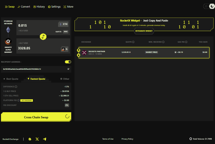 ETH to Gravity Chain Swap Interface – RocketX Exchange Screenshot of RocketX Exchange showing the ETH to Gravity Alpha Mainnet bridge interface with real-time quote and swap details.</p>
<p>