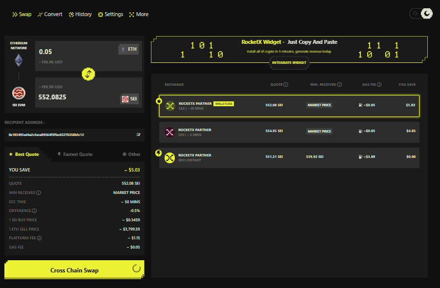 Bridge ETH to SEI EVM Using RocketX Exchange UI RocketX Exchange interface showing a cross-chain bridge from Ethereum (ETH) to SEI EVM.