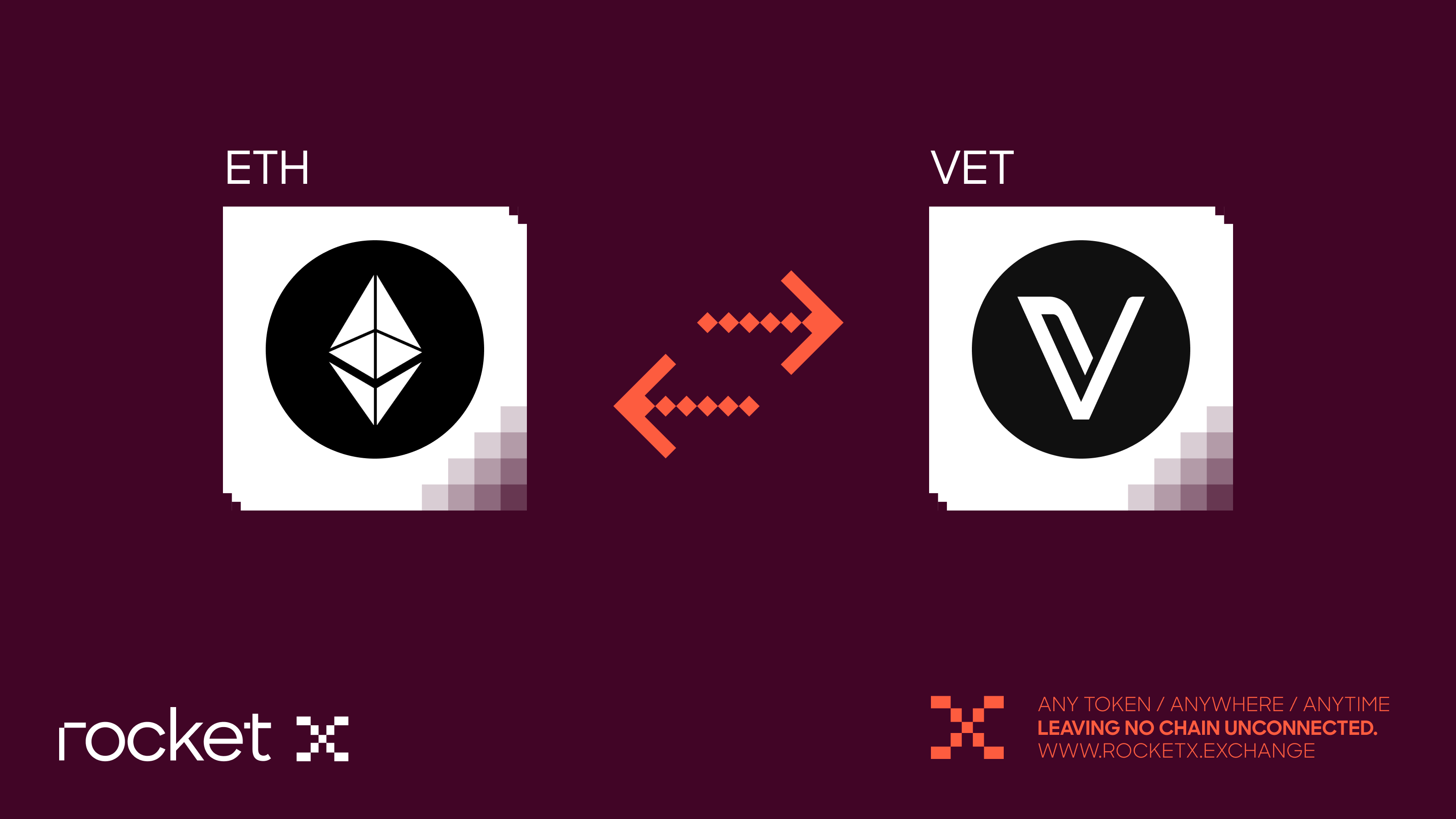 Ethereum (ETH) token swapping into VeChain (VET) using RocketX Exchange cross-chain bridge.