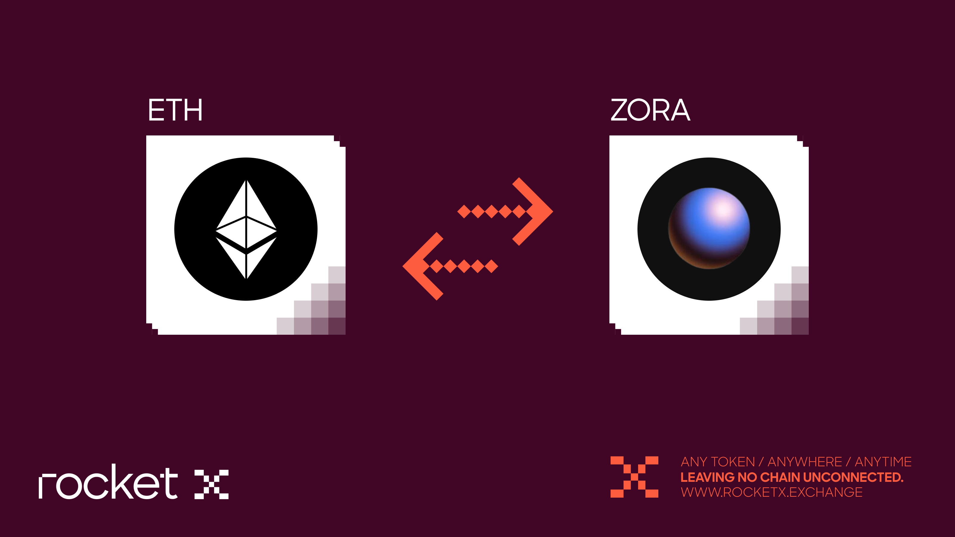 Bridge ETH to Zora Network with RocketX Visual representation of bridging ETH to Zora Network using RocketX Exchange, featuring Ethereum and Zora logos connected by bidirectional arrows
