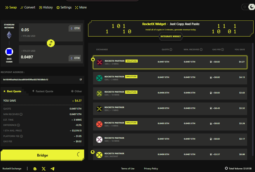 ETH to Base Bridge on RocketX Exchange – Best Quote Comparison UI RocketX interface showing ETH to Base bridge with best quote selection, fee breakdown, and multiple CEX/DEX partner routes.</p>
<p>