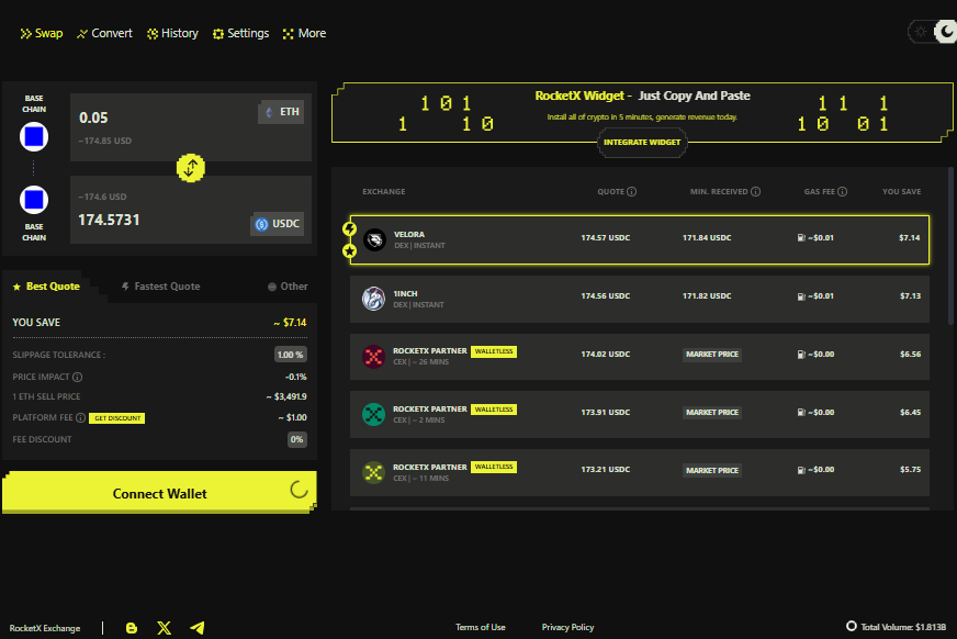 RocketX ETH to USDC Swap on Base Chain – Best Rate Comparison RocketX dashboard showing ETH to USDC swap on Base Chain with real-time quotes, savings comparison, and wallet connection prompt.