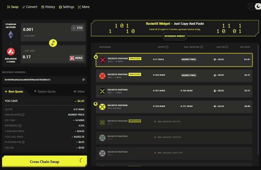ETH to AVAX Cross-Chain Swap on RocketX Screenshot of RocketX Exchange interface showing ETH to AVAX cross-chain swap with best quote, rates, estimated time, and savings.