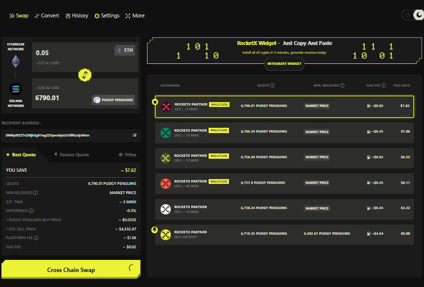 Cross-chain swap ETH to Pudgy Penguins (PENGU) using RocketX Screenshot of RocketX Exchange interface showing cross-chain swap of 0.05 ETH from Ethereum network to 6,790 Pudgy Penguins (PENGU) tokens on Solana network.