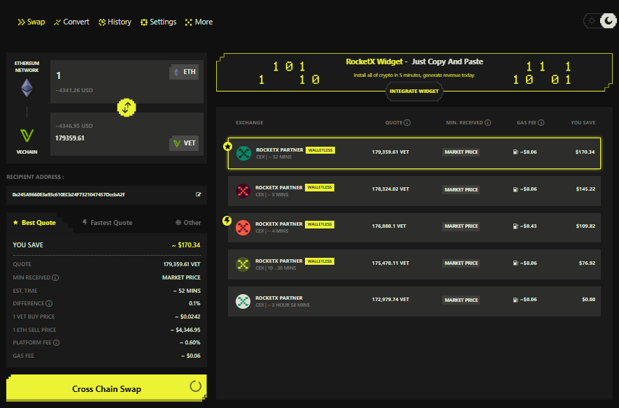 Screenshot of RocketX Exchange interface showing ETH to VeChain (VET) cross-chain swap with best quote, partner options, fees, and transaction time.