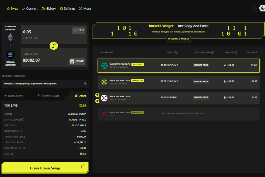 ETH to PUMP Cross-Chain Swap on RocketX Exchange Screenshot of RocketX Exchange interface showing a cross-chain swap from Ethereum (ETH) to Pump Token (PUMP) with best quotes and partner exchange options.