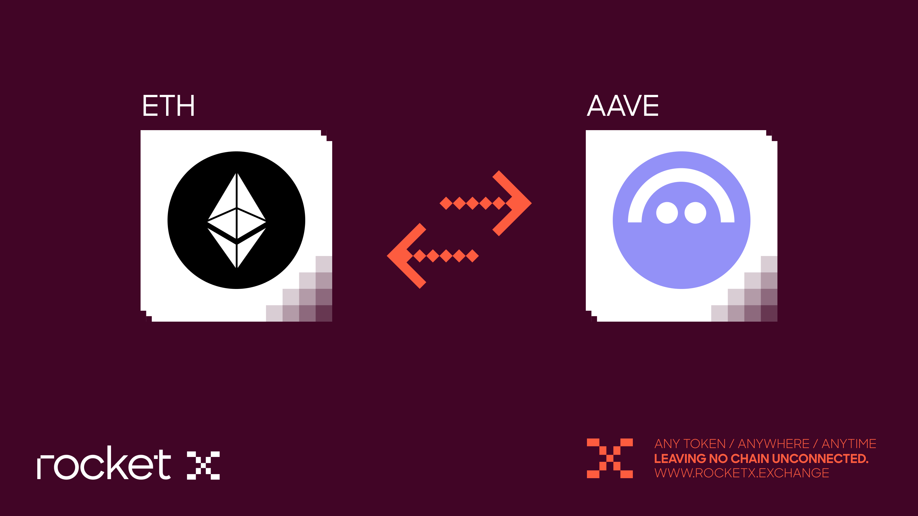 Graphic showing Ethereum (ETH) swapping to Aave (AAVE) via RocketX Exchange with bidirectional arrows.