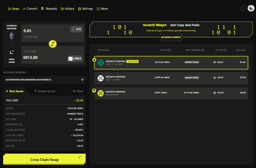 RocketX Exchange interface showing a cross-chain swap of 0.05 ETH from Ethereum to 6,913.88 LINEA Tokens on Linea Network with best quote comparison.