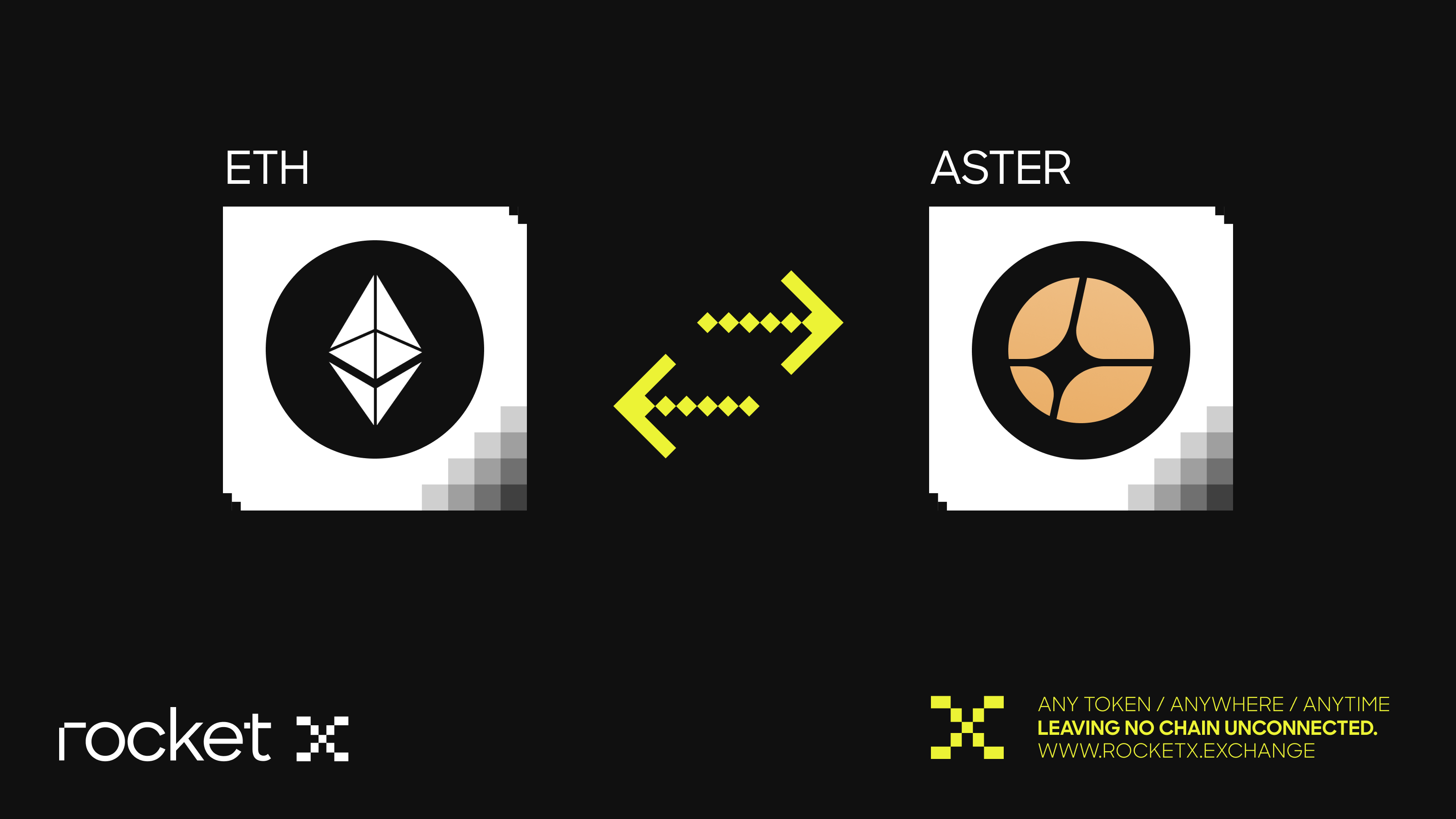 Illustration showing the Ethereum (ETH) and Aster (ASTER) token logos connected by swap arrows, representing token exchange via RocketX Exchange.