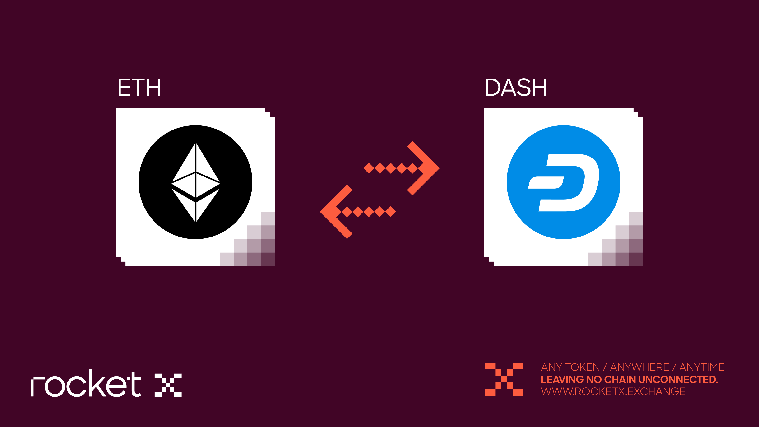 ETH to DASH swap using RocketX Graphic showing the exchange of Ethereum (ETH) to Dash coin (DASH) using RocketX, with bidirectional arrows indicating cross-chain swapping.