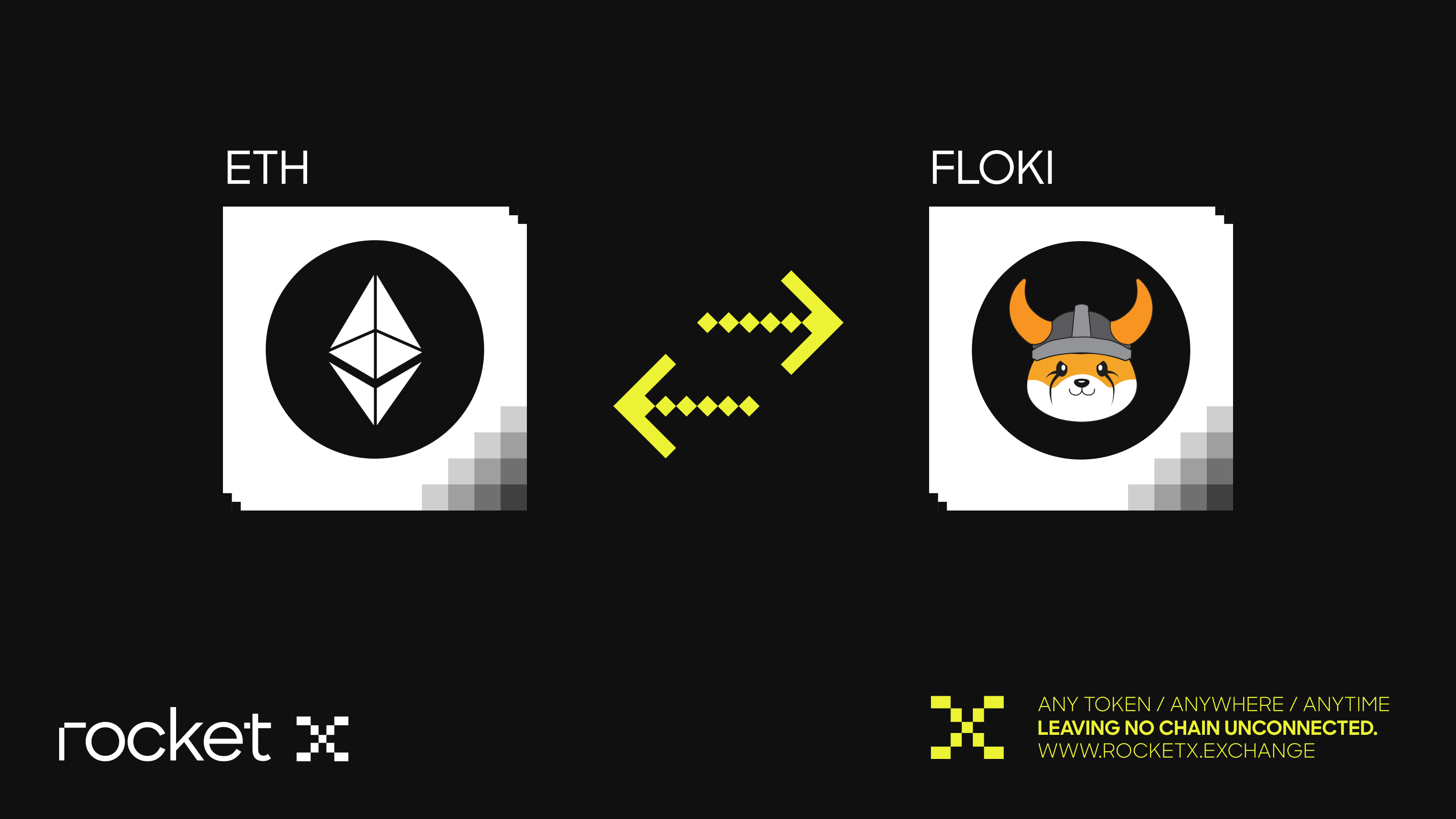 Swap ETH to FLOKI on RocketX Exchange Graphic showing Ethereum to FLOKI token swap using RocketX Exchange with bidirectional arrows, representing cross-chain token conversion.