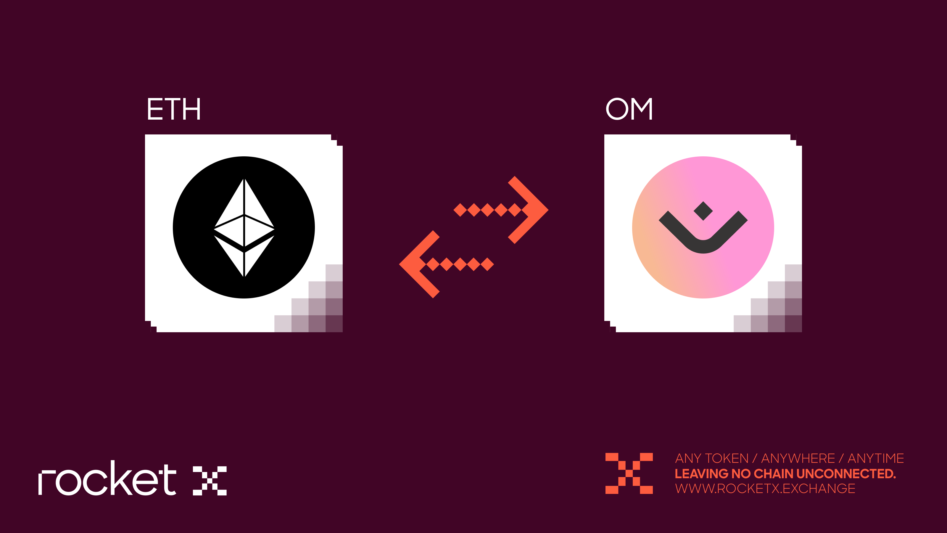 ETH to OM Bridge on Mantra Chain Visual graphic showing cross-chain swap from Ethereum (ETH) to OM token on Mantra Chain using RocketX Exchange with bidirectional arrows.
