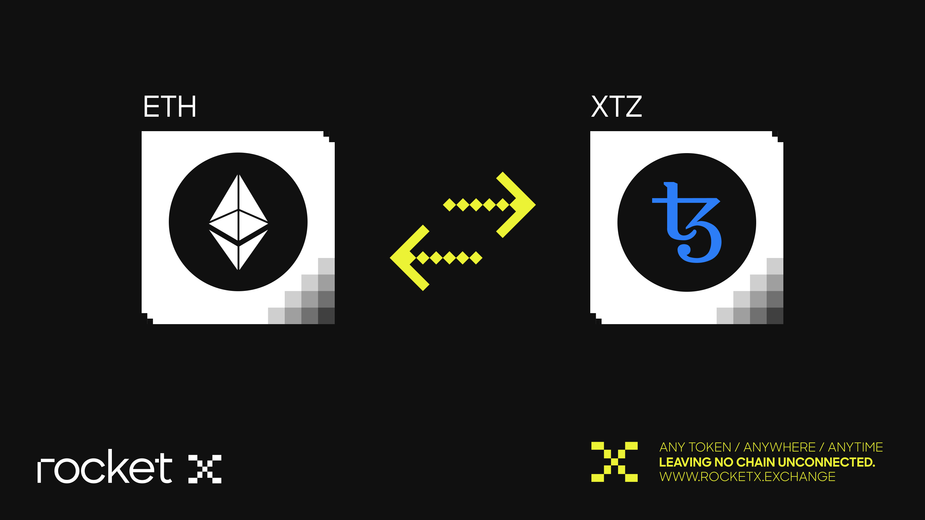 ETH to XTZ Cross-Chain Swap – RocketX Exchange Visual showing Ethereum (ETH) and Tezos (XTZ) token logos connected by bidirectional arrows, representing seamless cross-chain swaps using RocketX Exchange, which supports any token, any network, anytime.