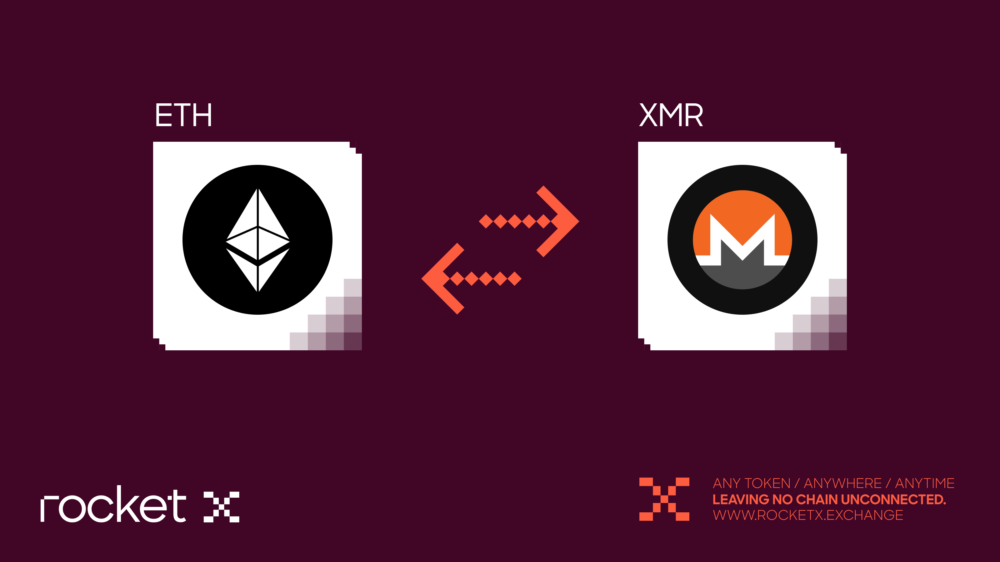 ETH to XMR Swap on RocketX Exchange Illustration showing Ethereum (ETH) and Monero (XMR) logos with bidirectional arrows between them, representing a cross-chain swap through RocketX Exchange.