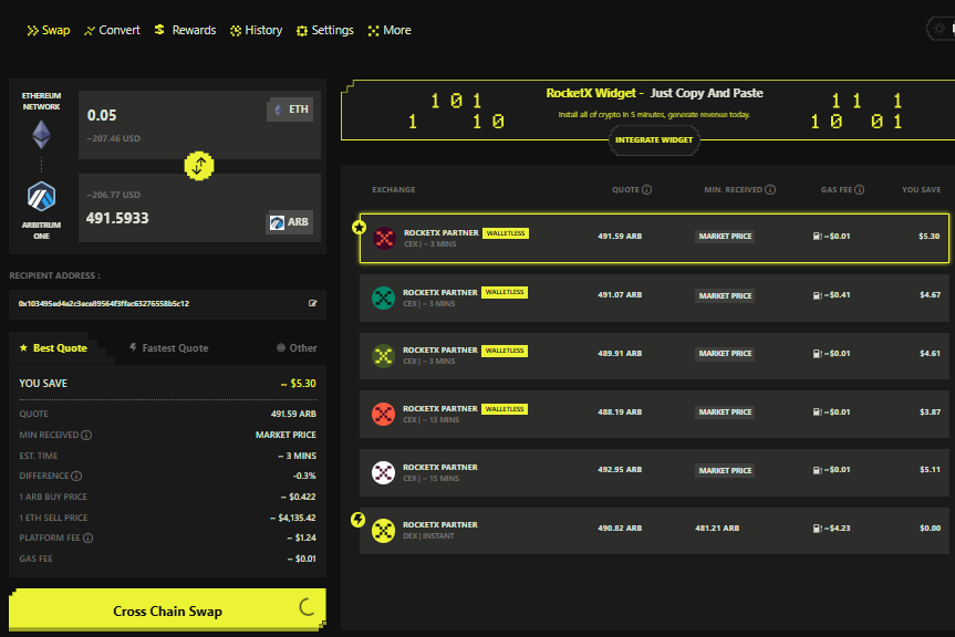 Screenshot of RocketX Exchange interface showing Ethereum to Arbitrum cross-chain swap with best price routing and multiple liquidity partners.