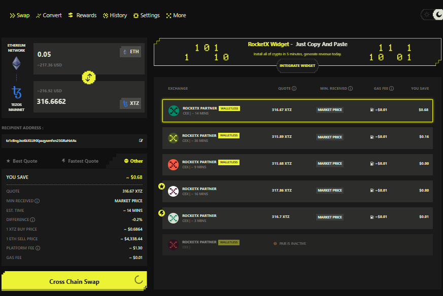 ETH to XTZ Cross-Chain Swap Interface – RocketX Exchange Screenshot of RocketX Exchange’s cross-chain swap interface showing a transaction converting 0.05 ETH to 316.66 XTZ on Tezos Mainnet. The dashboard displays multiple liquidity partner options, gas fees, estimated time, and the best quote with a highlighted “Cross Chain Swap” button.