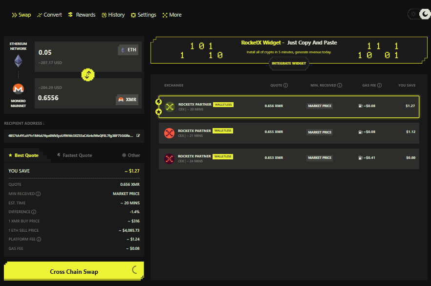 ETH to XMR Cross-Chain Swap on RocketX Interface Screenshot of the RocketX Exchange dashboard showing a cross-chain swap from Ethereum (ETH) to Monero (XMR). The interface displays swap details including quote rate, estimated time, gas fee, and best available rate comparison across partner exchanges.