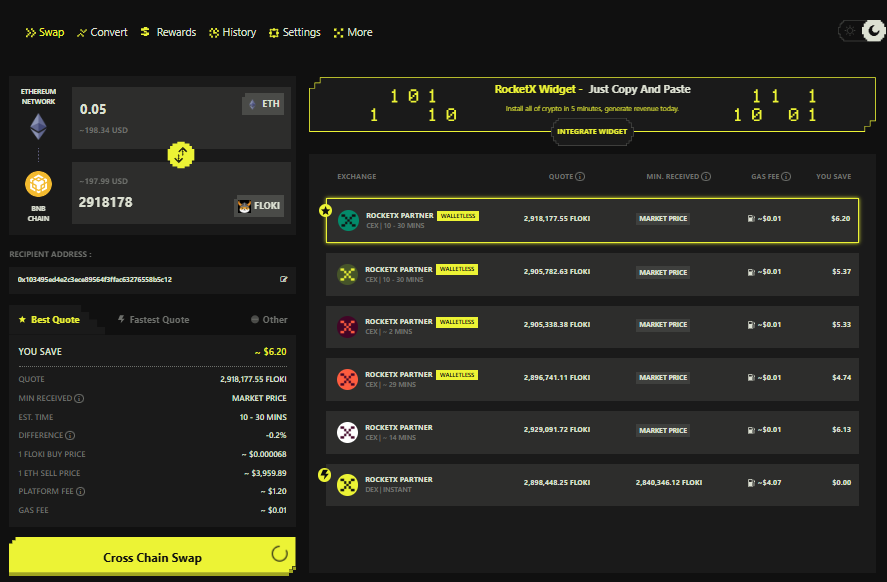 ETH to FLOKI Coin Cross-Chain Swap on RocketX Interface RocketX Exchange dashboard showing a user swapping ETH from Ethereum to FLOKI Coin on BNB Chain with best quote, routes comparison, and cross-chain swap button.