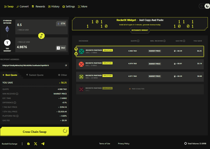 RocketX Cross-Chain Swap Interface — ETH to TAO Quote Preview Screenshot of the RocketX exchange interface showing a cross-chain swap from Ethereum to Bittensor TAO