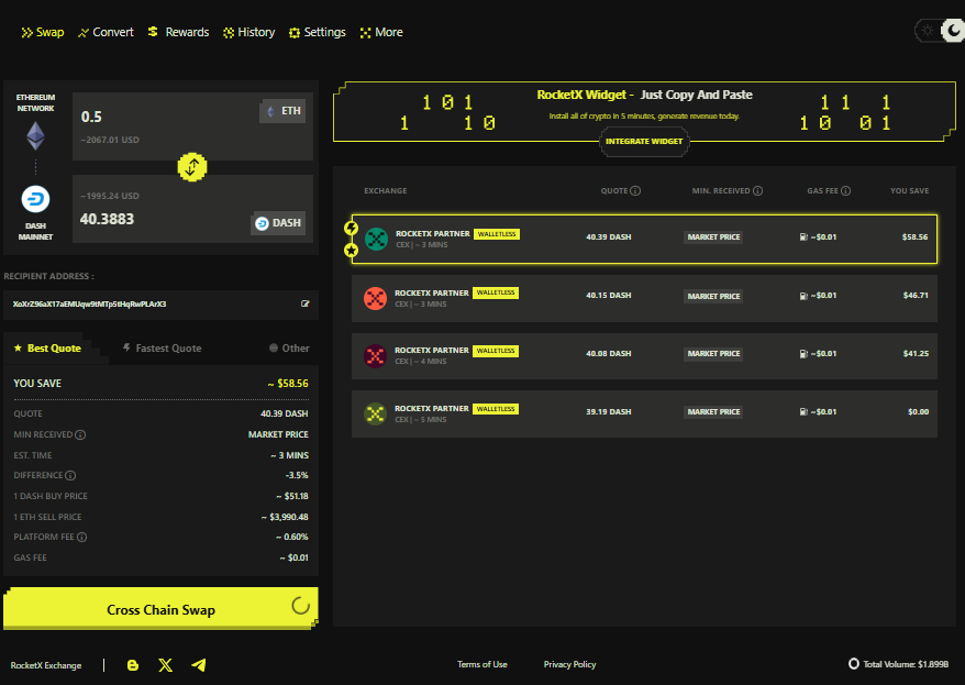 RocketX interface showing ETH to DASH cross-chain swap quote Screenshot of the RocketX swap dashboard where 0.5 ETH is being swapped to Dash (DASH), displaying best quotes from multiple partners, price difference, gas fee, estimated time, and a highlighted “Cross Chain Swap” button.